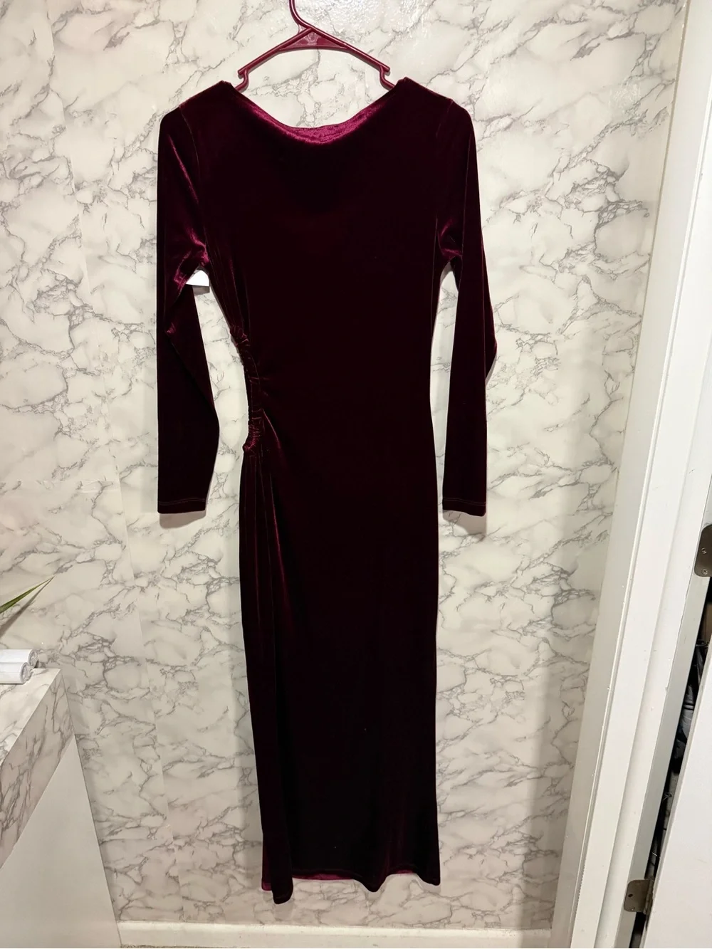 NEW Petal & Pup Sarine Burgundy Red Velvet Maxi Dress with Side Cutout S